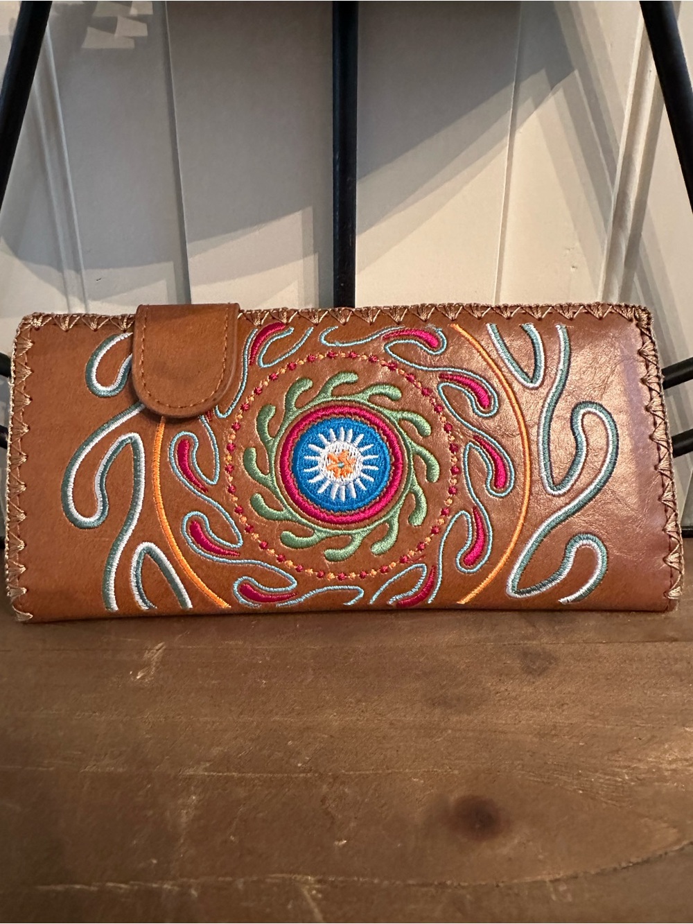 Lavishy Elma Collection Hand-stitched Brown Vegan Leather Embroidered Wallet